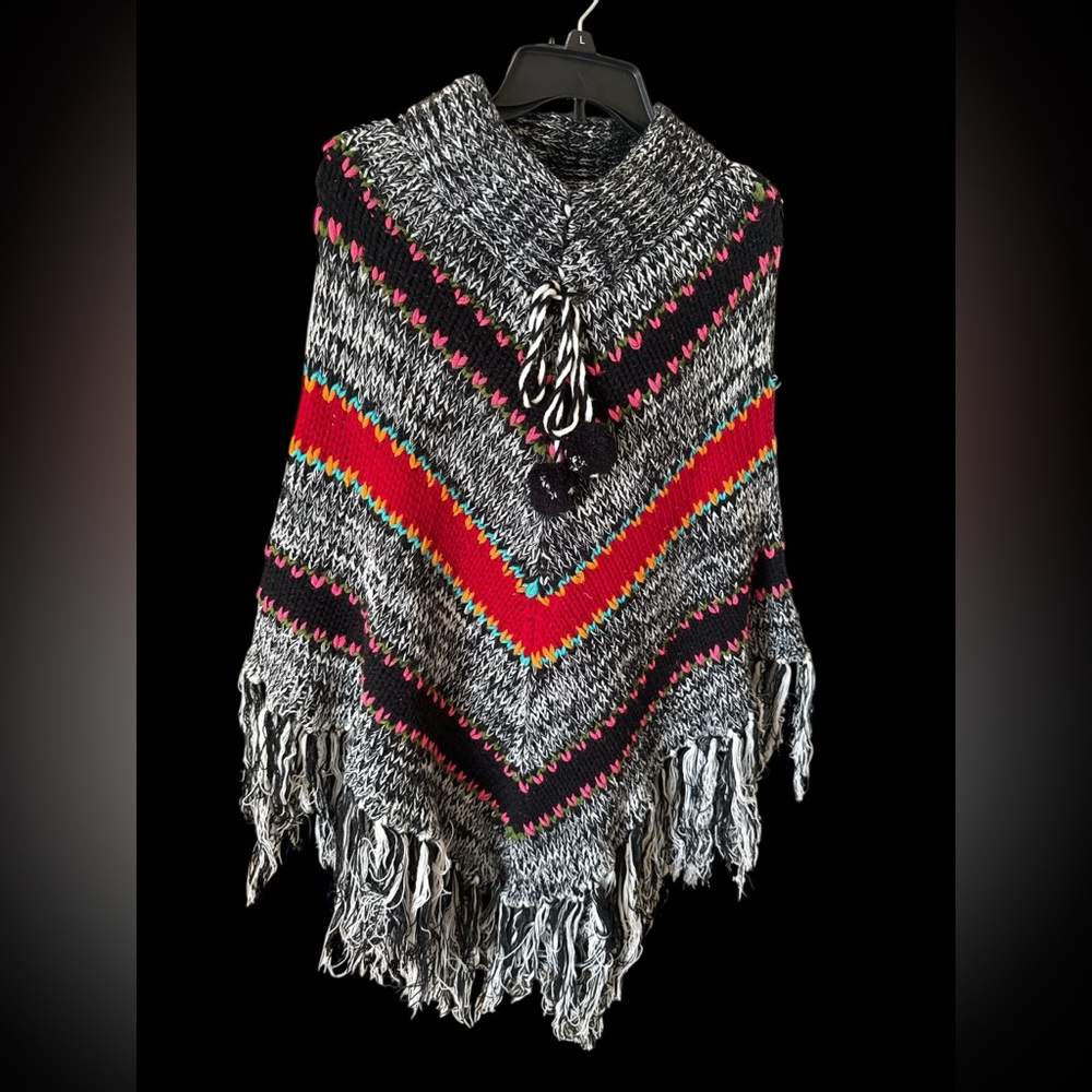 vintage bohemian Multicolor Knit Poncho with Fringe pom poms